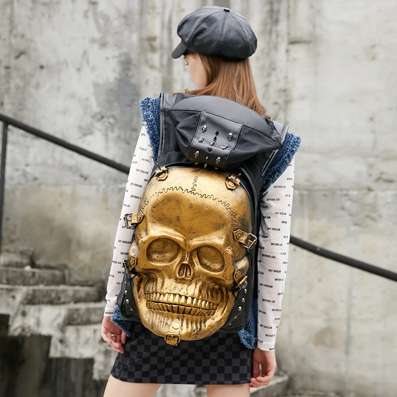 

Men's 3D Gothic Skull Backpack Women Punk Leather Backpacks With hood For Teenagers Large Capacity Gril Laptop Male Travel Bag