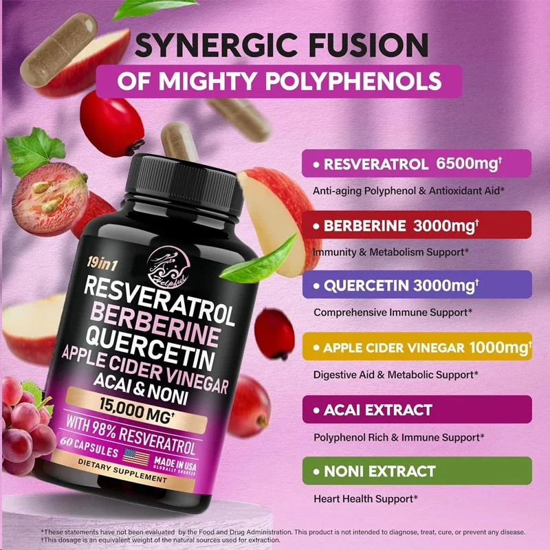 Resveratrol 60 Capsules Supplement 15000mg 19-in-1 Organic Polyphenol Complex Astartate Quercetin Apple Vinegar Antioxidant