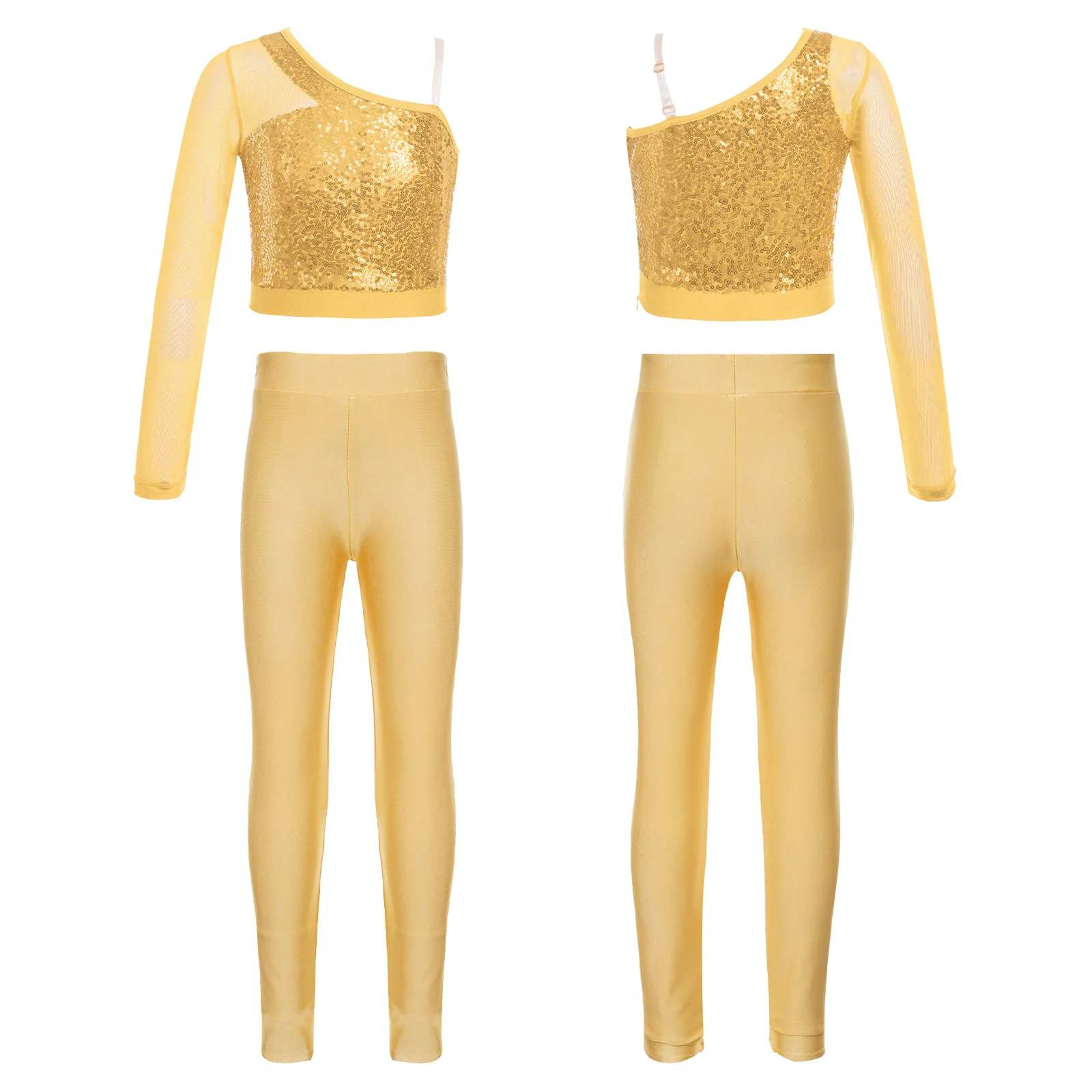 Kids Girls Jazz Dance Costume Shiny Sequins Sheer Mesh Long Sleeve Top Shirt Stretchy Leggings Pants Hip Hop Street Dancewear