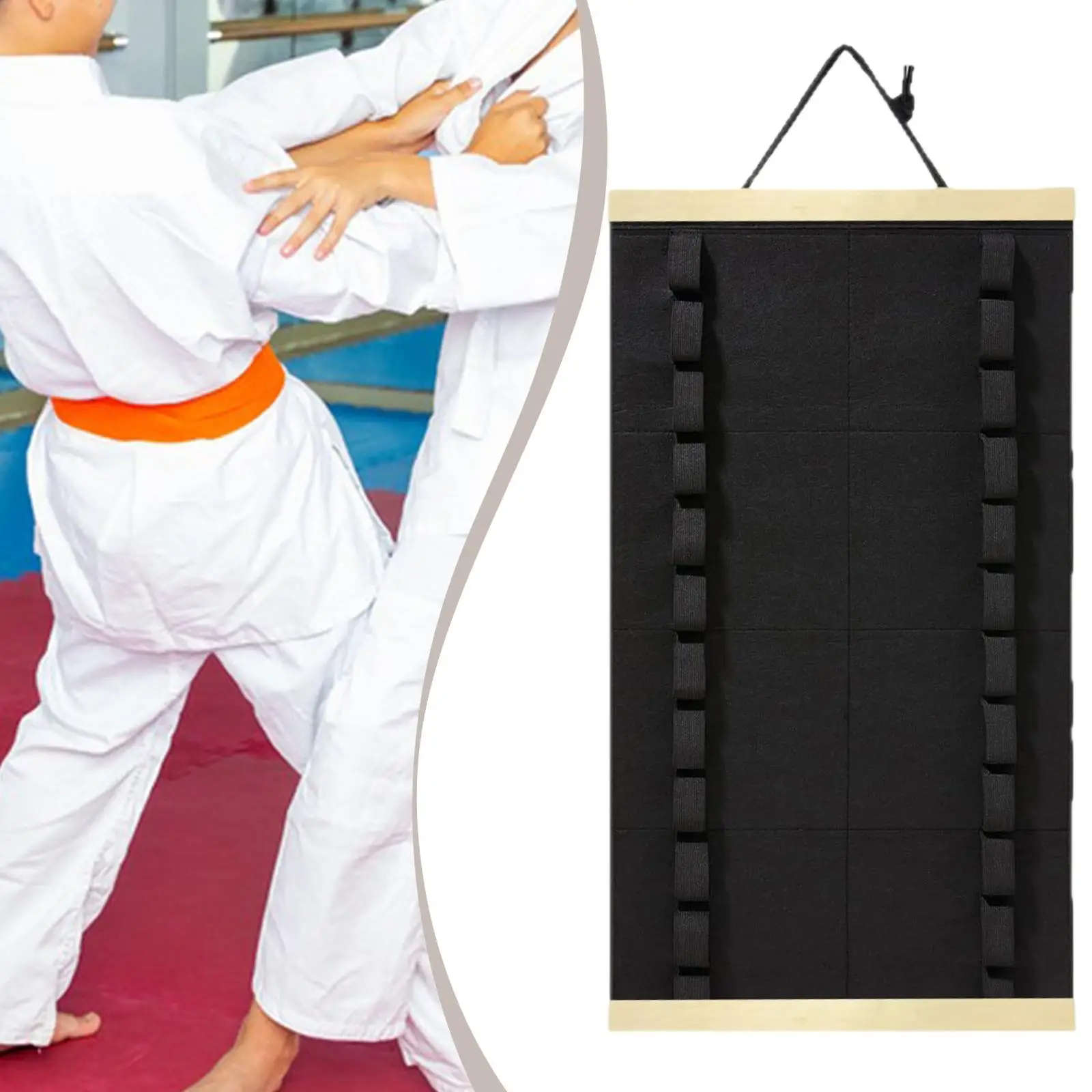 رف عرض حزام التايكوندو مكون من 12 أحزمة وحامل تخزين منظم حزام التايكوندو
