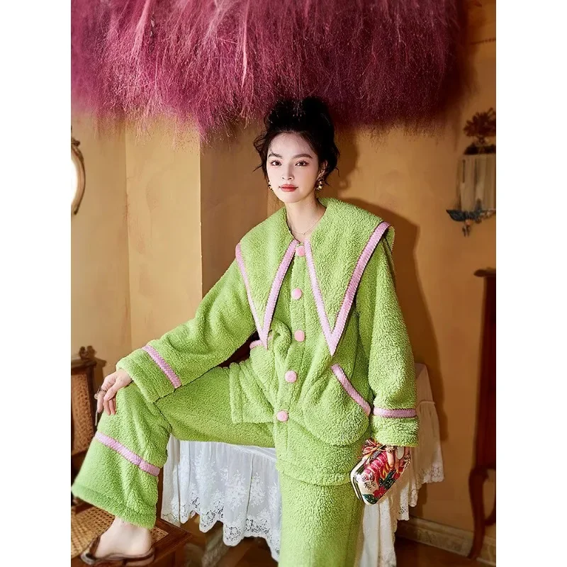 Coral fleece Navy collar Cardigan pajamas female wintertime Loose plus size Fleece trousers and a two-piece home suit sleepwear