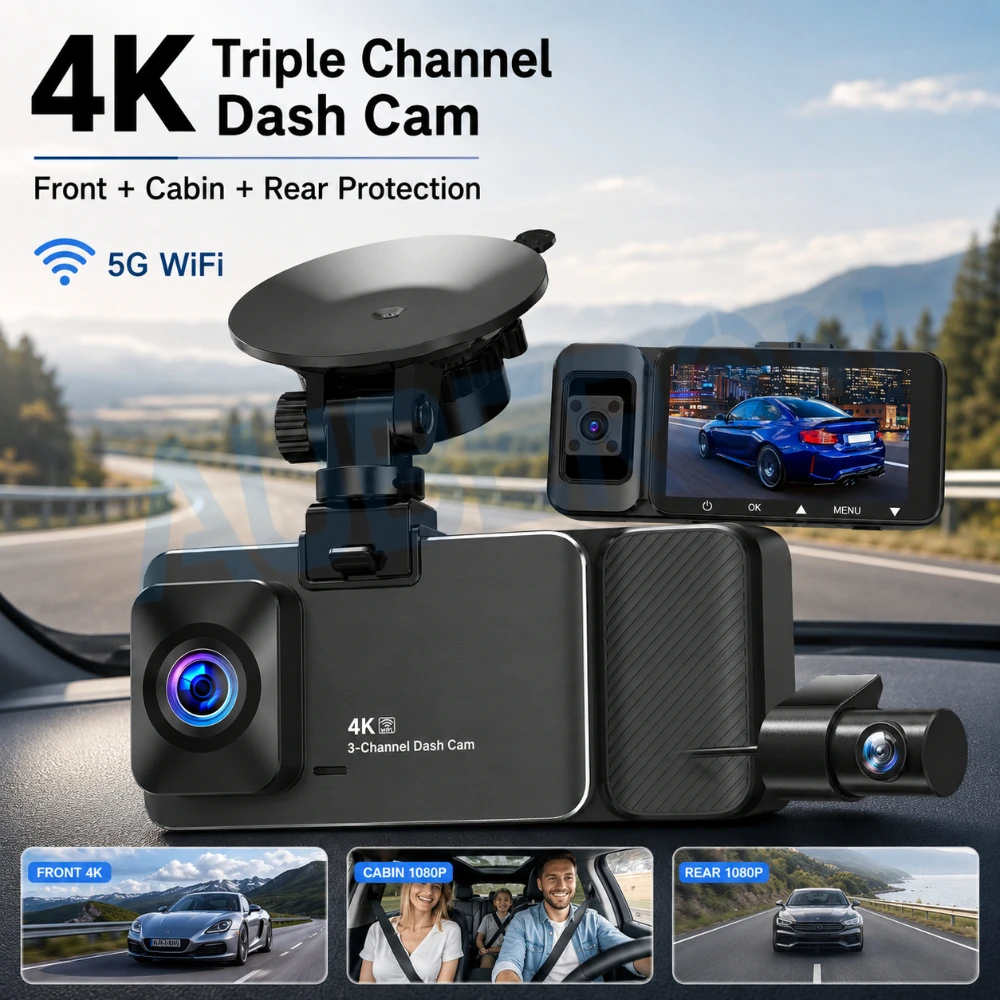 3 CH Dash Cam Front 4K Interior and Rear 1080P Triple Lens WiFi APP Control Night Vision Parking Mode Motion Detection G Sensors