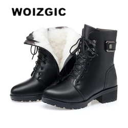 WOIZGIC-Bottes de rinçage en cuir véritable pour femmes, bottes à plateforme d'hiver pour dames, automne, fourrure en peluche, chaussures chaudes, grande taille, à lacets 35-43