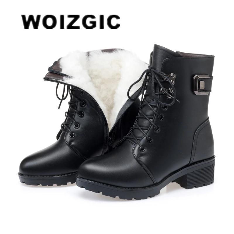 WOIZGIC kobiece damskie damskie oryginalne skórzane botki platforma zimowe jesienne pluszowe futro ciepłe buty Plus rozmiar zasznurować 35-43