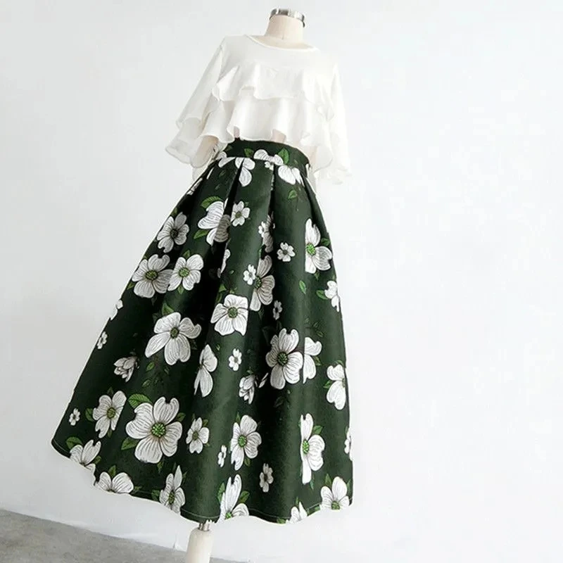 

2023 Autumn Winter Hepburn Vintage Elegant Skirts Womens Retro Floral Aesthetic Jacquard High-waisted A-line Pleated Long Skirts