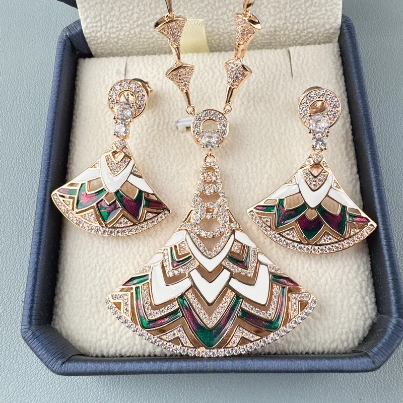 Designer Collection Style Earrings Necklace Women Lady Settings Czech Zircon Colored Enamel Fan-Shaped Pendant Plated Gold Color