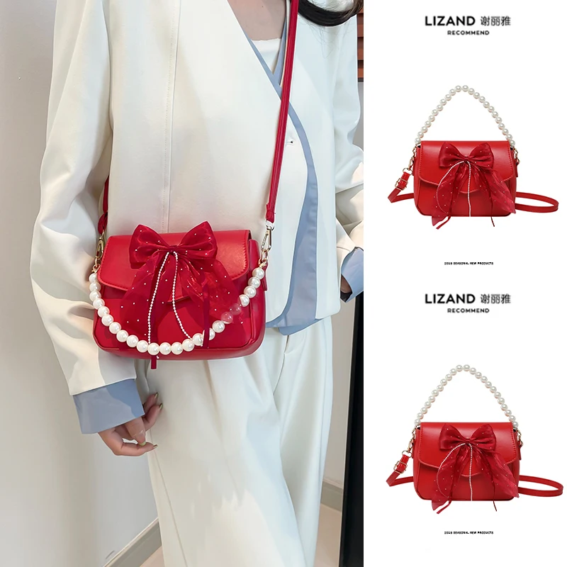 

Летняя маленькая сумка-кроссбоди для женщин, новинка 2025 года, красная с бантом и жемчужной цепочкой, корейская модная сумка Lizand