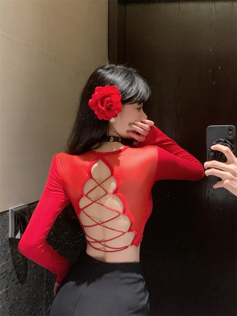 Sexy Backless Cross Red Long Sleeve T-Shirt Women's Design Sense Rhinestone Spicy Pure Desire Bodycon Short Personality Top