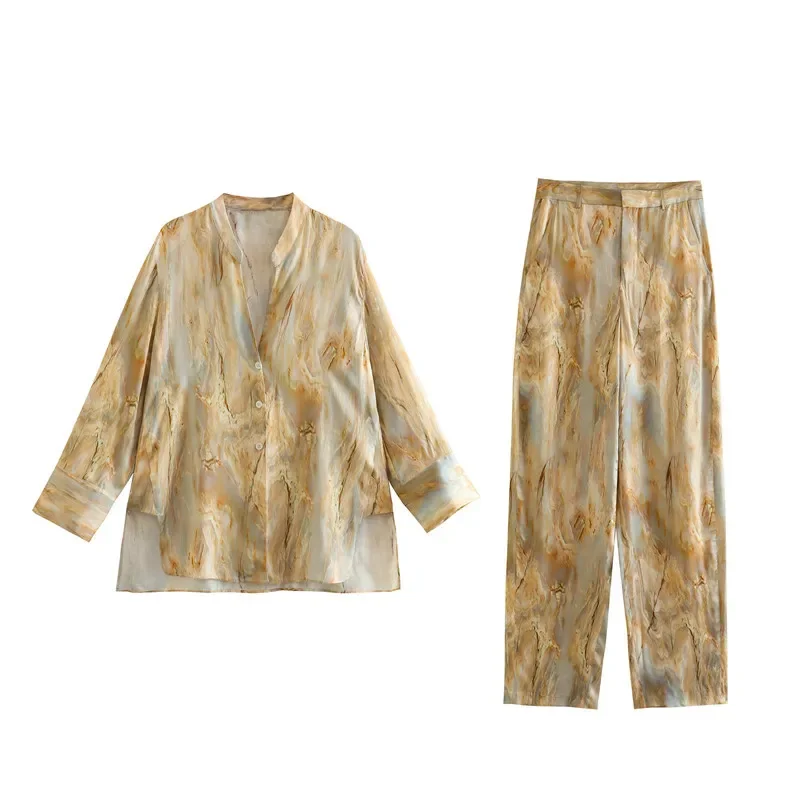 Matching Sets Spring New Pant Sets Tie Dyed Silk Satin Texture Printed Shirt MidWaist Straight Leg Pants Set Women Clothing 2024