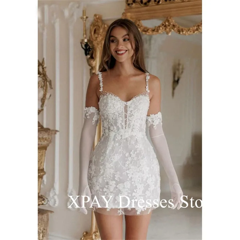 

XPAY Short edding Dress Lace Spaghetti Strap A-Line Appliques robes de soirée Up to Thigh Length Evening Dresses Wedding Party
