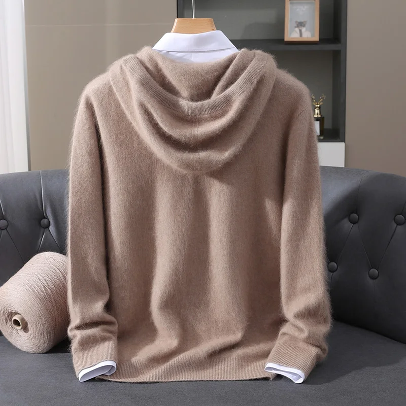 Men's hooded sweater autumn winter 100% mink cashmere sweater casual knitted pullover long-sleeved solid color loose knitted top