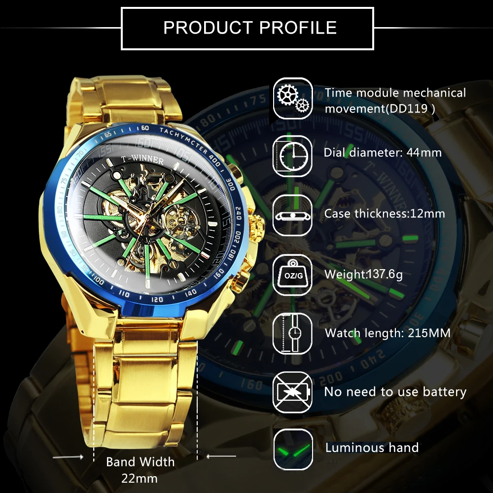 WINNER Steampunk Skeleton Automatic Watch for Men Military Sports Gold Mechanical Watches Luminous Hands Stainless Steel Strap