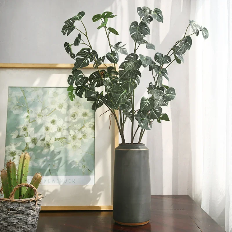 93cm Artificial 3 Fork Monstera Leaf Leaf with Root Green Plant Ins Feel Simulation Green Plant Living Room Flower Arrangement