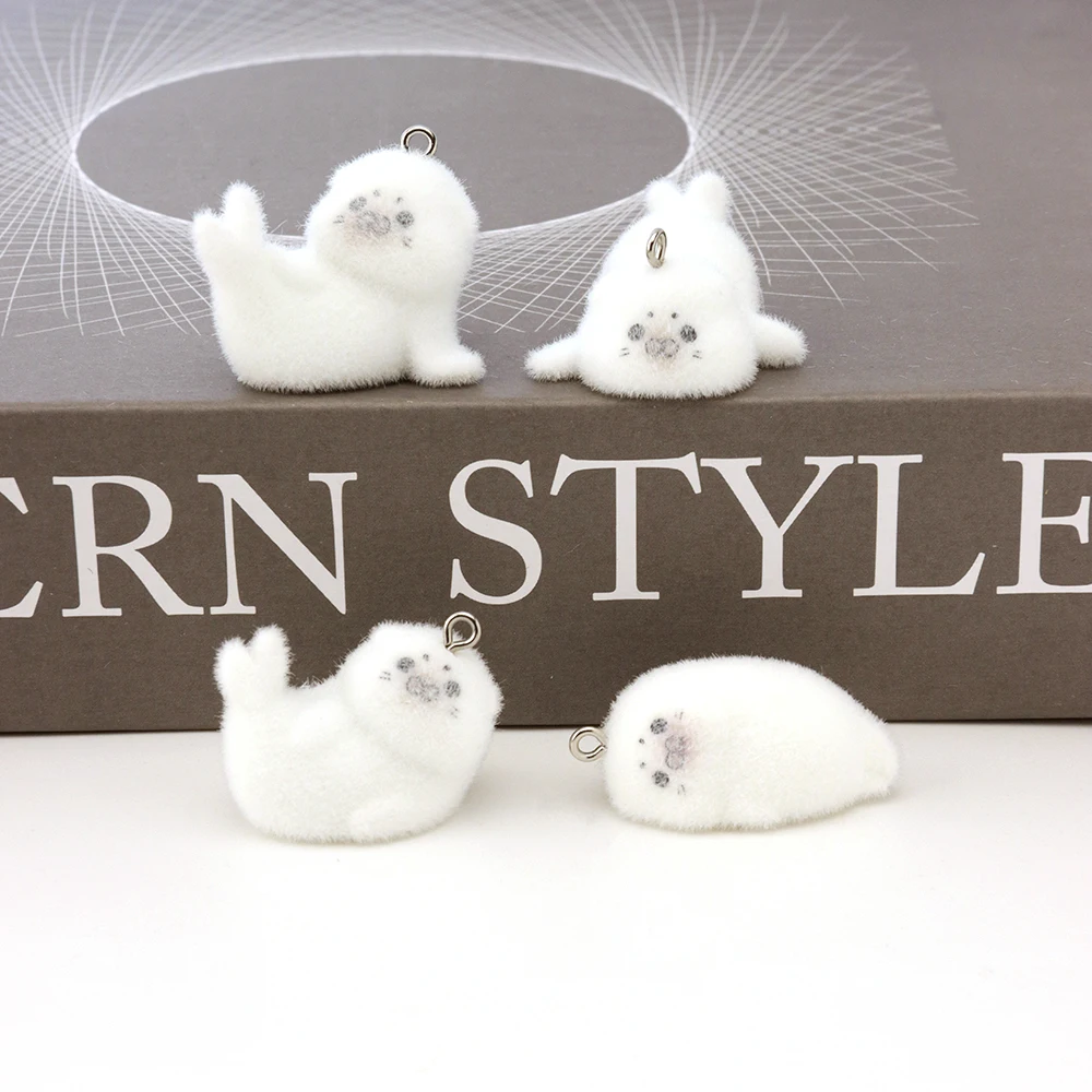 20Pcs 3D Flocking Cartoon Seal Animal Charms for Necklace Earrings Keychain Widgets Making DIY Jewelry Accessories Wholesale