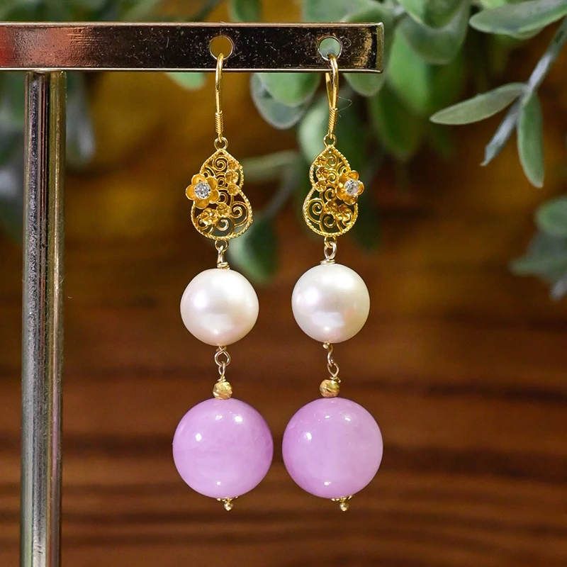 

Серьги из 18-каратного золота с натуральным кунцитом, китайские классические серьги из натурального драгоценного камня с пресноводным жемчугом