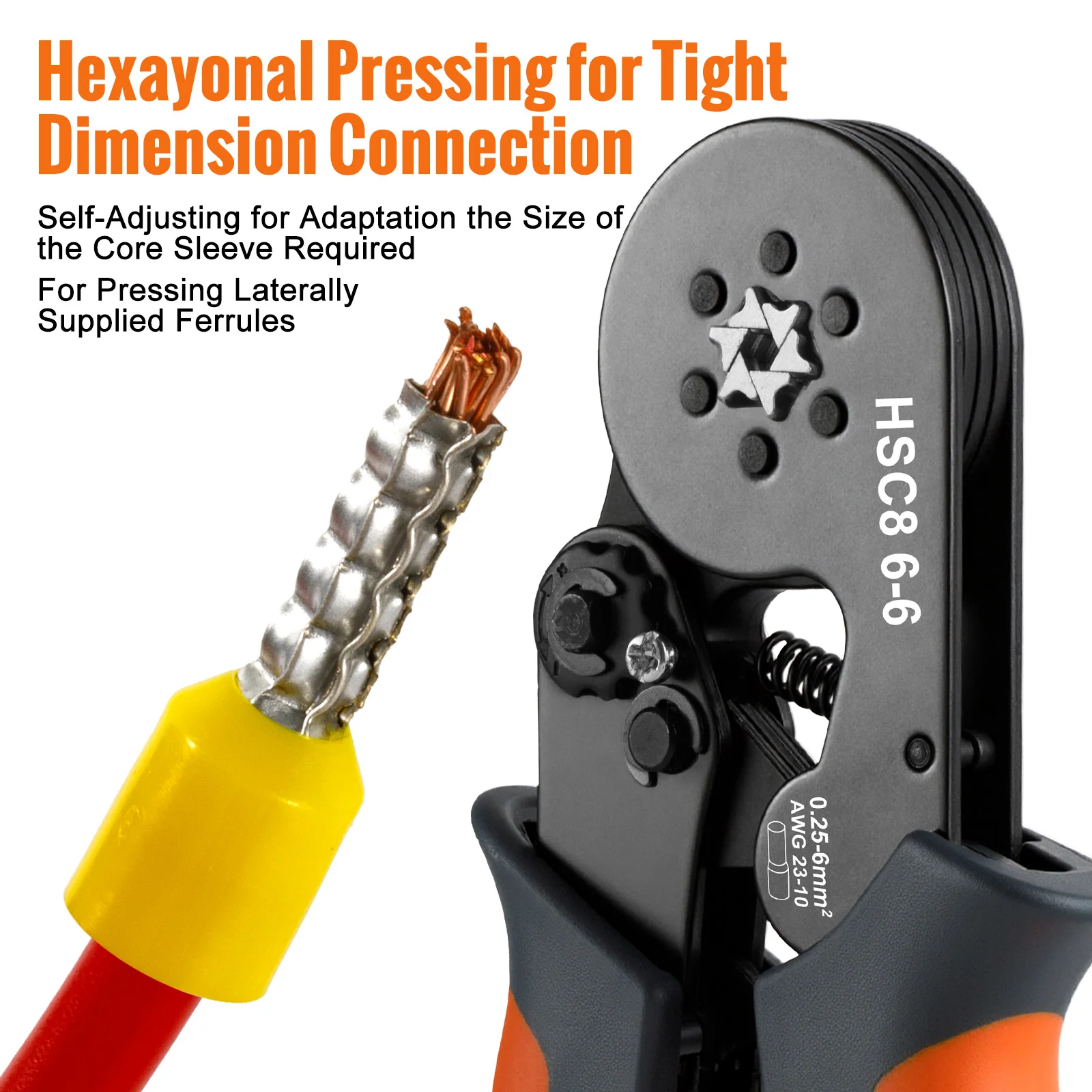 مجموعة أدوات تجعيد الطويق السقاطة ذاتية التعديل سداسية 23-7AWG 0.25-10mm2 مجموعة المكشكش مع أطراف الأسلاك ذات الأكمام الطويق