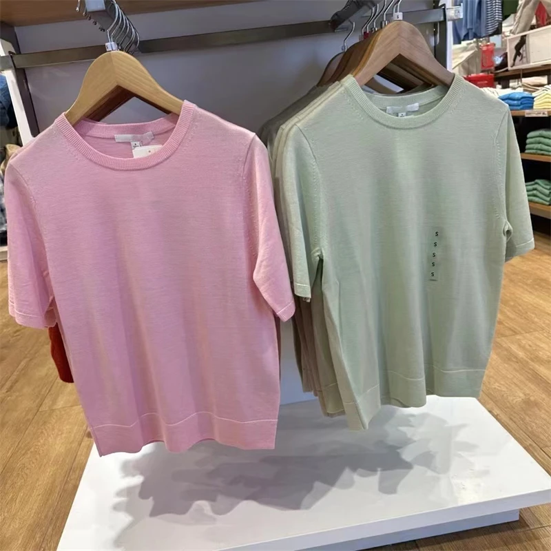 

Летний женский вязаный топ из мериноса с круглым вырезом и коротким рукавом, машинная стирка, повседневный стиль, стандартная длина, цветной