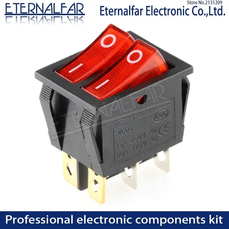 Interruptor basculante KCD6 de 16A y 250V de CA, interruptor de barco de 6 pines con lámpara de encendido y apagado, calentador eléctrico verde de