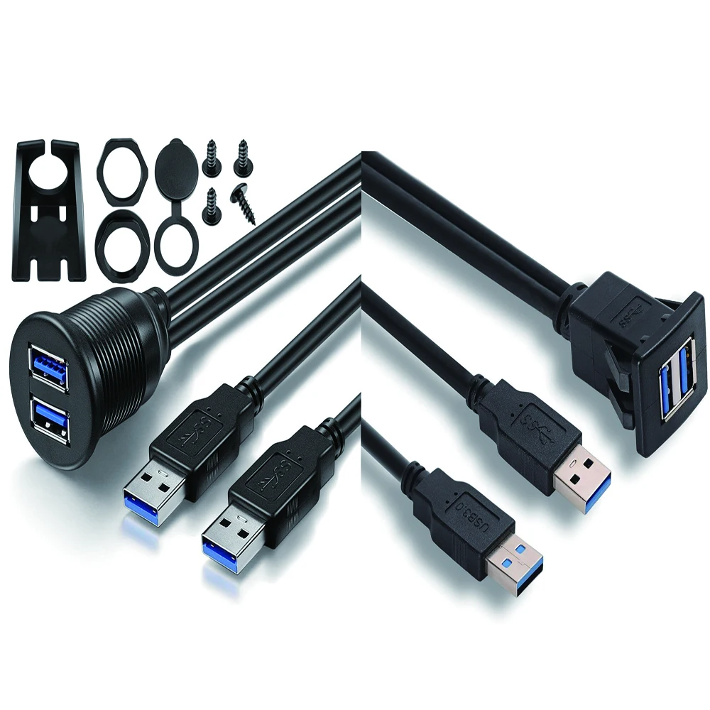 Nku 1m 3ft Dual USB 3.0 Port Male to Female Extension Cable Dashboard Waterproof Flush Panel Mount Wire Cord for Car Motorcycle