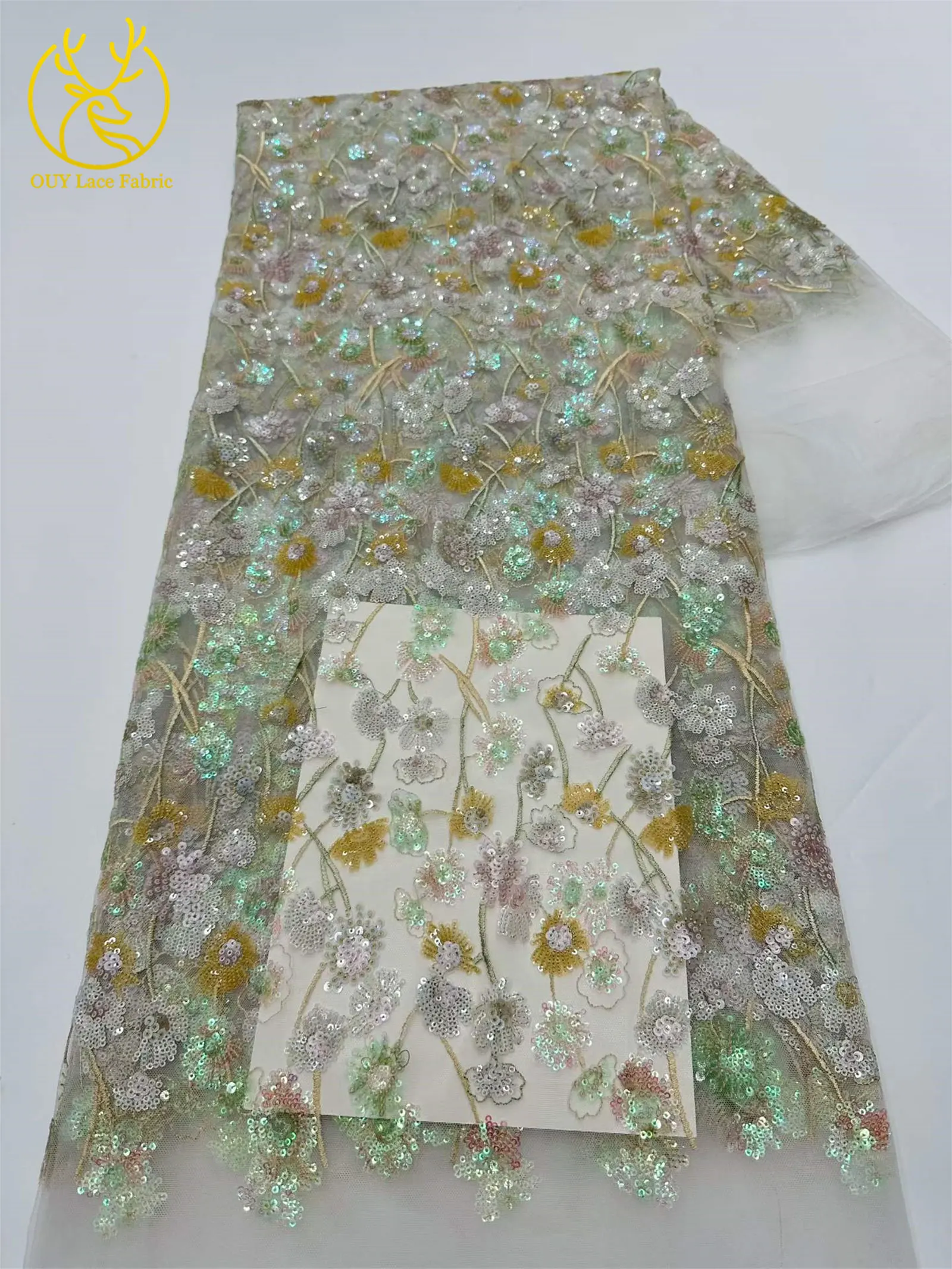 Luxuriöser afrikanischer Pailletten-Spitzenstoff, 5 Yards, hochwertige französische nigerianische Stickerei-Tüllspitze für Hochzeitsfeier, Brautkleid – Detail 19