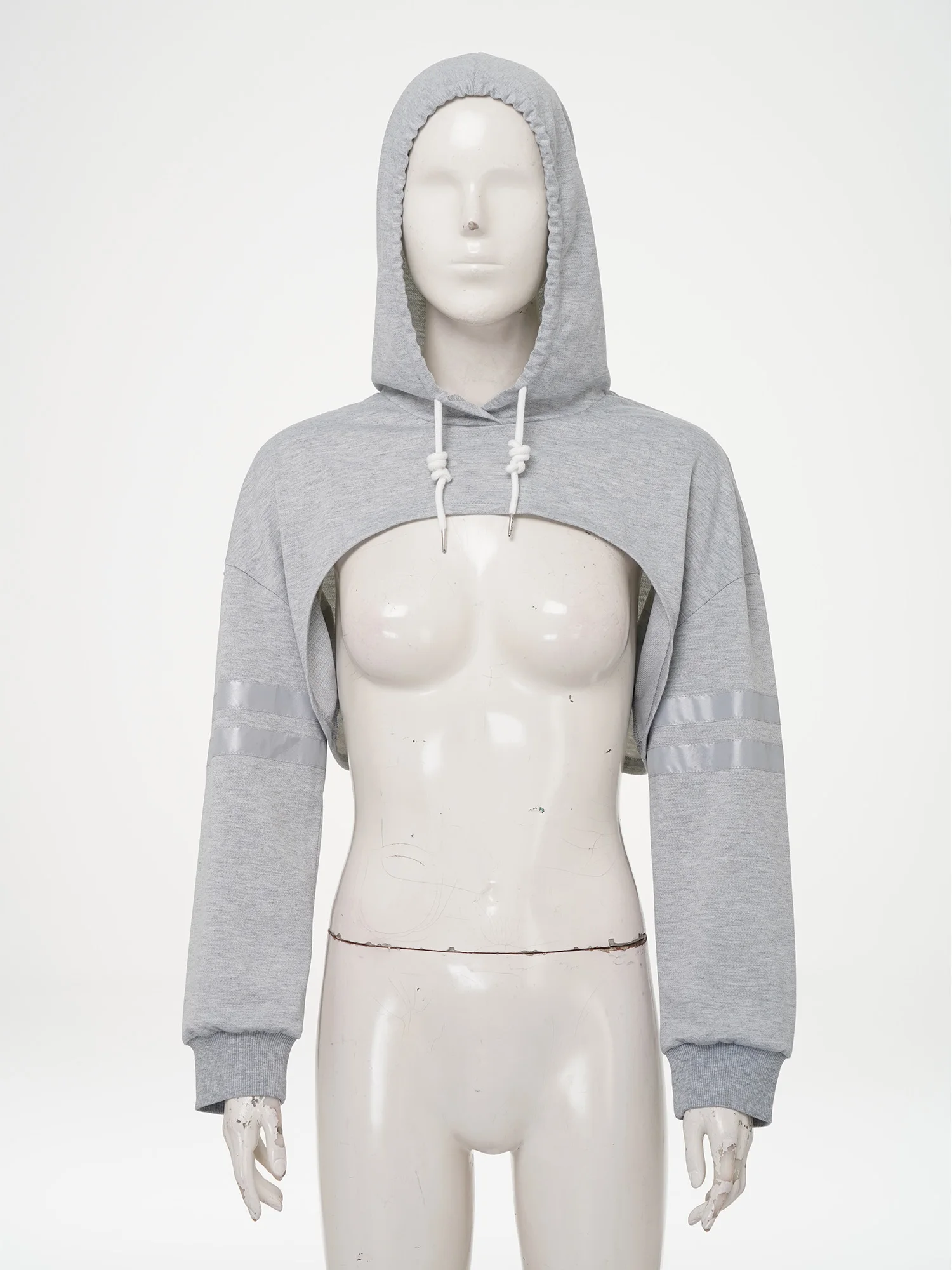 Women Reflective Strips Hooded Crop Top Hem Hoodie Long Sleeves Crop Ultra Short Dance Hip-hop Night Running Workout Sweatshirt