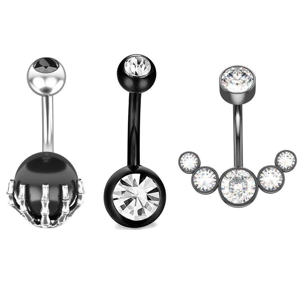 Mixed-Style Crystal CZs Belly Button Piercing Set 3pcs/lot Heart Flower Cake Curved Navel Piercing Ombligo Pack Belly Jewelry