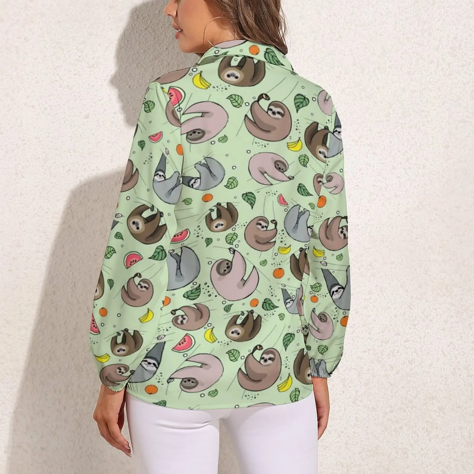 Cartoon luiaard blouse gelukkige luiaards bladeren print moderne blouses dames street style shirts herfst oversized kleding met lange mouwen