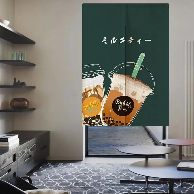 Milk Tea with Cute Cartoon Pattern Japanese Door Curtain Decorative Kitchen Doorway Partition Bedroom Linen Hanging Half-Curtain