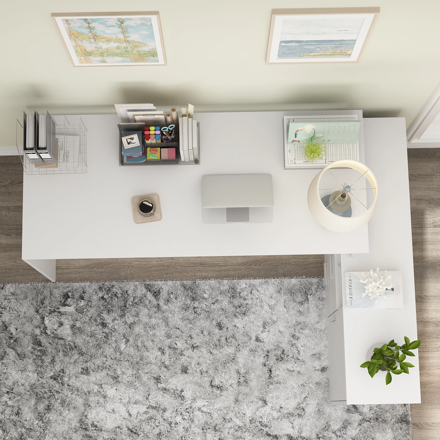 FUFU&GAG Modern computer desk with 2 drawers & 2 shelves, L-shaped study writing table with 1 filing cabinet, for office, white