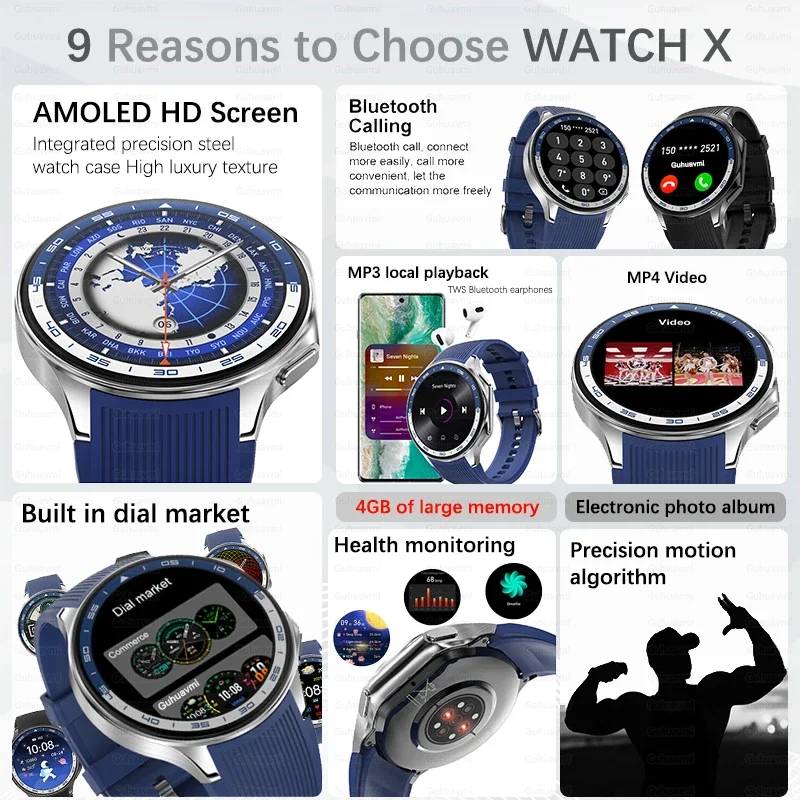 New 1.43 inch Ultimate Watch X Sports Health Smart Watch Bluetooth Call 4GB Memory Music videos playback Men Business Smartwatch