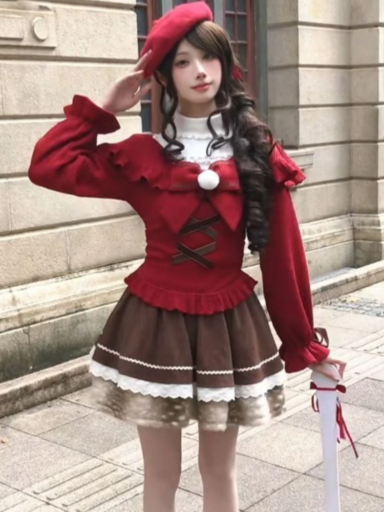 

Зимний рождественский милый комплект из 3 предметов в стиле ретро, женские красные блузки Kawaii + кружевные топы + пышные юбки, японские винтажные праздничные костюмы 2025