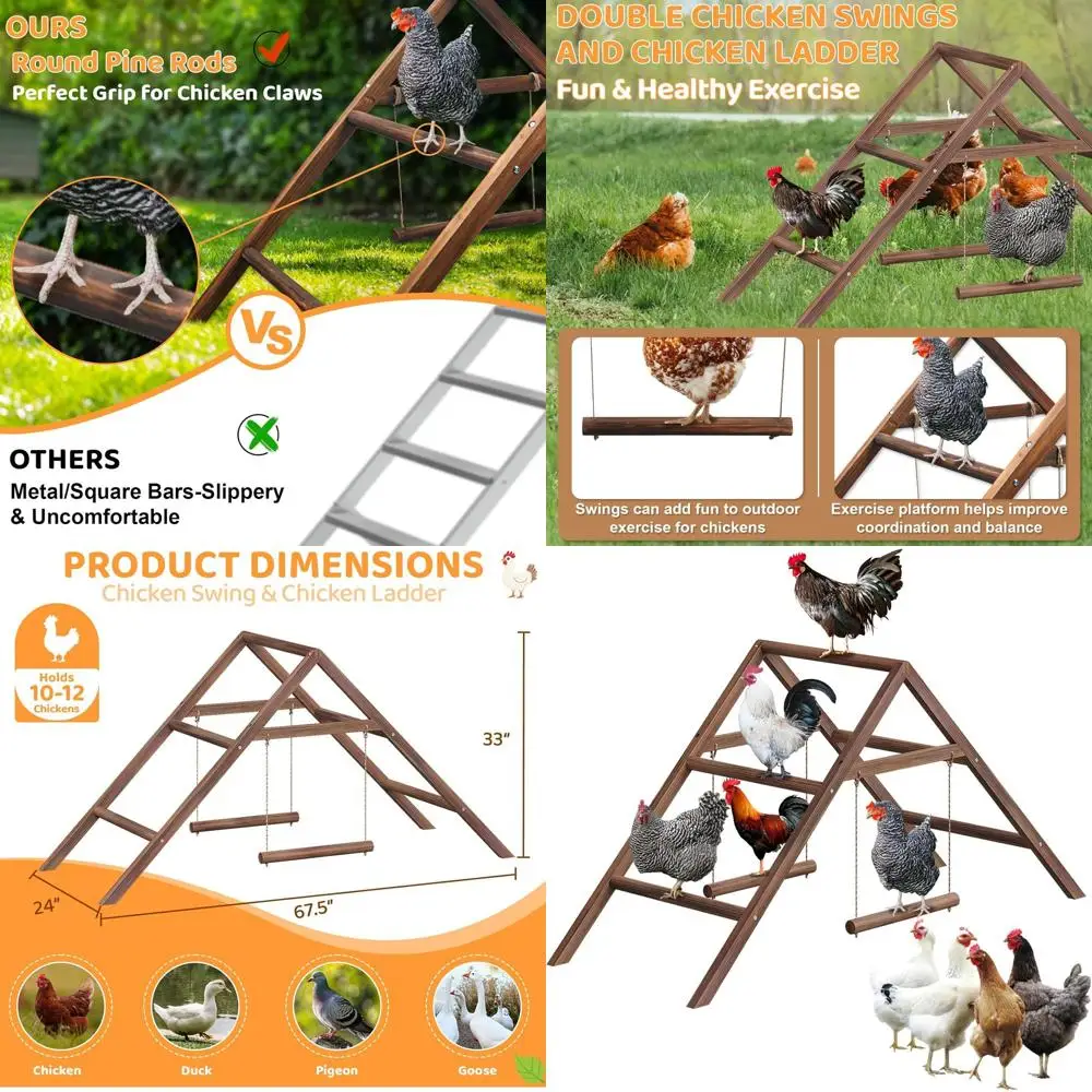 

Pine Wood Chicken Perch with 2 Swings & Ladder, Multi-Level Chicken Roosting Bars for Backyard Coop, Roosting Bars for 10–12 Chi