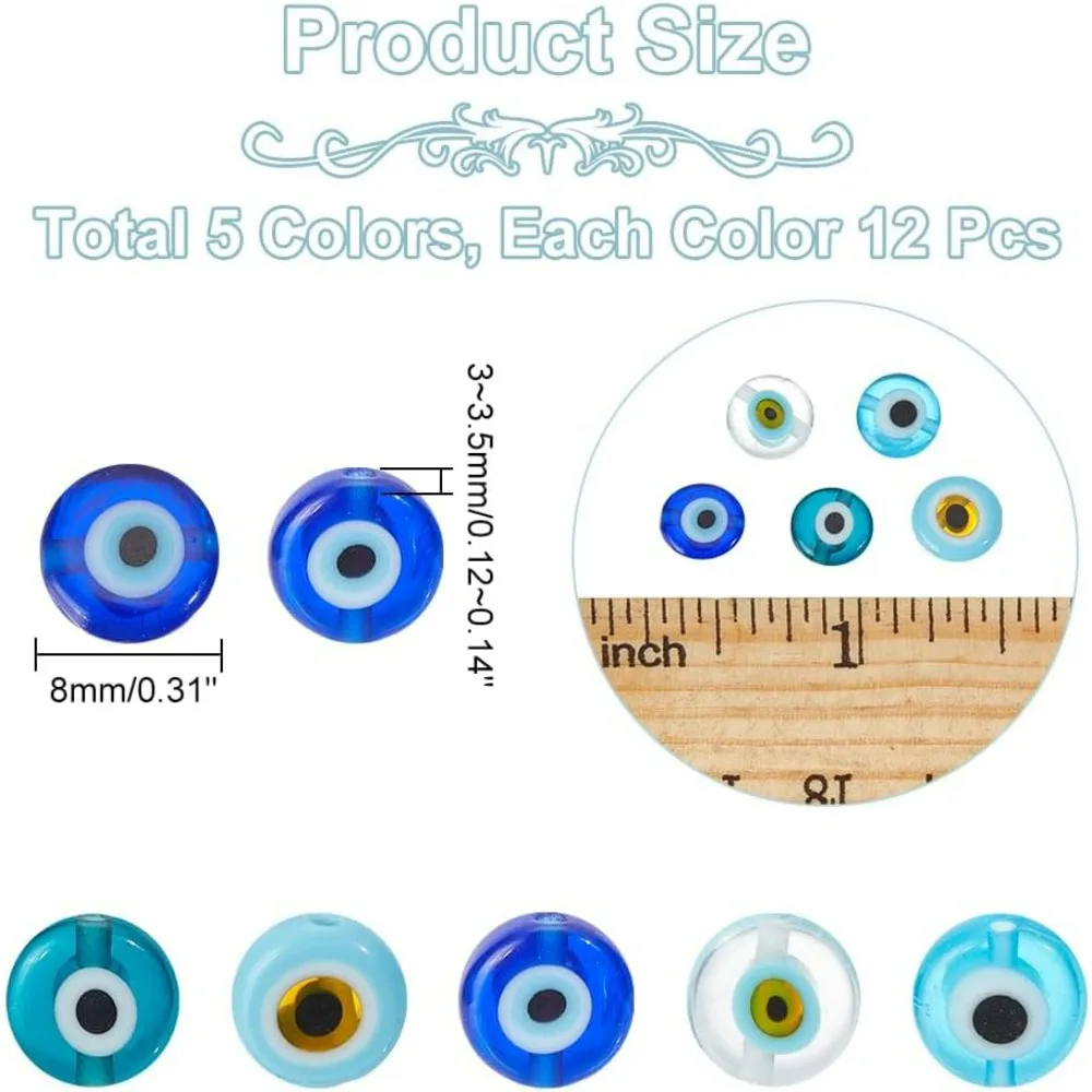 60 Pcs 5 Colors Handmade Evil Eye Lampwork Beads, 8mm Flat Round/Disc Turkish Eye Beads Loose Glass Spacer Beads Charms