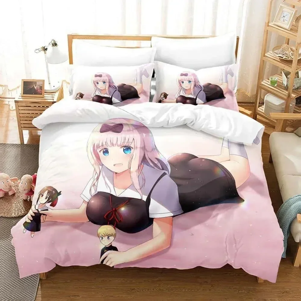 3D Print Anime Kawaii Girls Kaguya-sama Love is War Bedding Set Printed Bed Set With Pillowcase Duvet Cover Soft Bedclothes Home