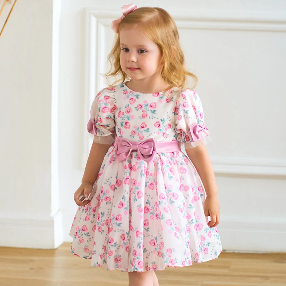 

New Summer Baby Rose Flower Print Dress for Girl Pink Cute 1st Birthday Princess Kids Dresses Elegant Wedding Party Baby Clothes