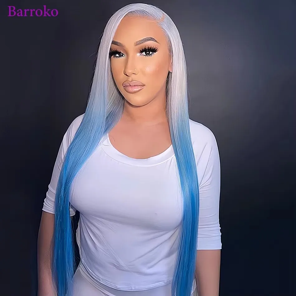 

Barroko Ombre Gray Blue Colored Lace Frontal Wigs Human Hair Straight Transparent Lace Wig For Black Women 180% Pre Plucked Hair