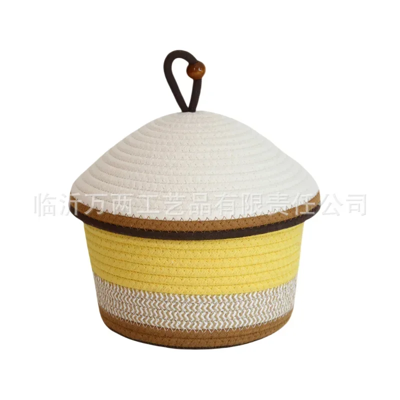 Cotton Rope Woven Storage Basket With Lid Desktop Finishing Basket Entrance Sundries Storage Basket Straw Woven StorageX9