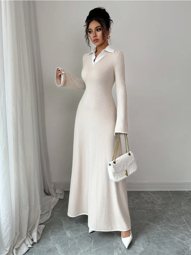 Onecozyday Damen-Wickelkleid mit Hemdkragen und langen Ärmeln, 2025, Herbst, neue Aprikose, figurbetonte Abendkleider, elegantes Partykleid