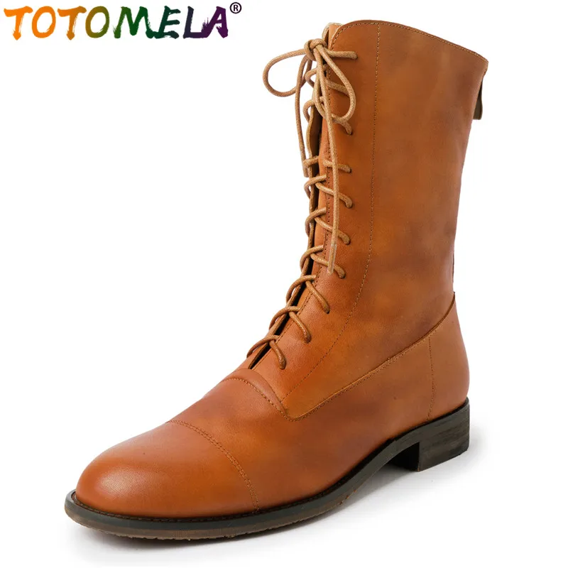 

TOTOMELA 2024 New Zipper Genuine Leather Martin Boots Retro Ladies Narrow Band Ankle Boots Square Med Heels Spring Boots