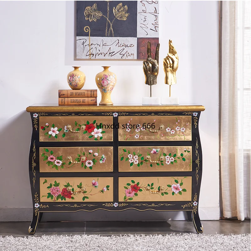 Chinese classical retro decorative solid wood locker hand-painted gold foil storage chest