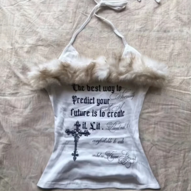 Fashion High Street Ladies Fluffy Fur Edge Halter Tops Vintage Gothic Hanging Neck Design Slim Fitted Retro Street Cami Tops
