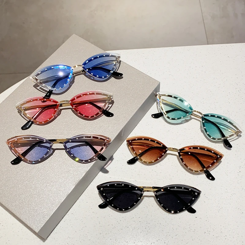 KAMMPT Rimless Cat Eye Sunglasses Women New in 2023 Stylish Multicolor Gradient Shades Trendy Vintage Eyewear with Rhinestones