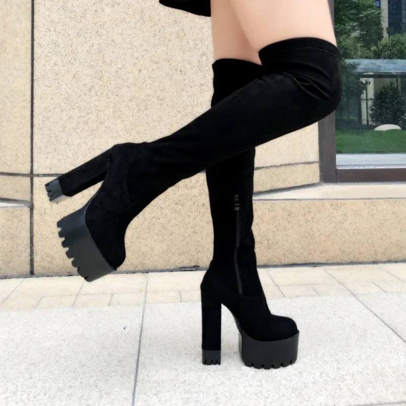 Over-The-Knee Long Boots Suede 14Cm High Heel Womens Boots Waterproof Platform Square Heel High Tube Boots Sexy Stretch Boots