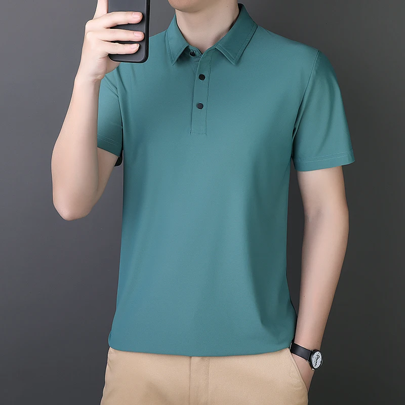 

2024 New Minimalist Business Casual Flip Collar Ice Silk Button Summer Men's Fashion Commuting Solid Color POLO Shirt Tops