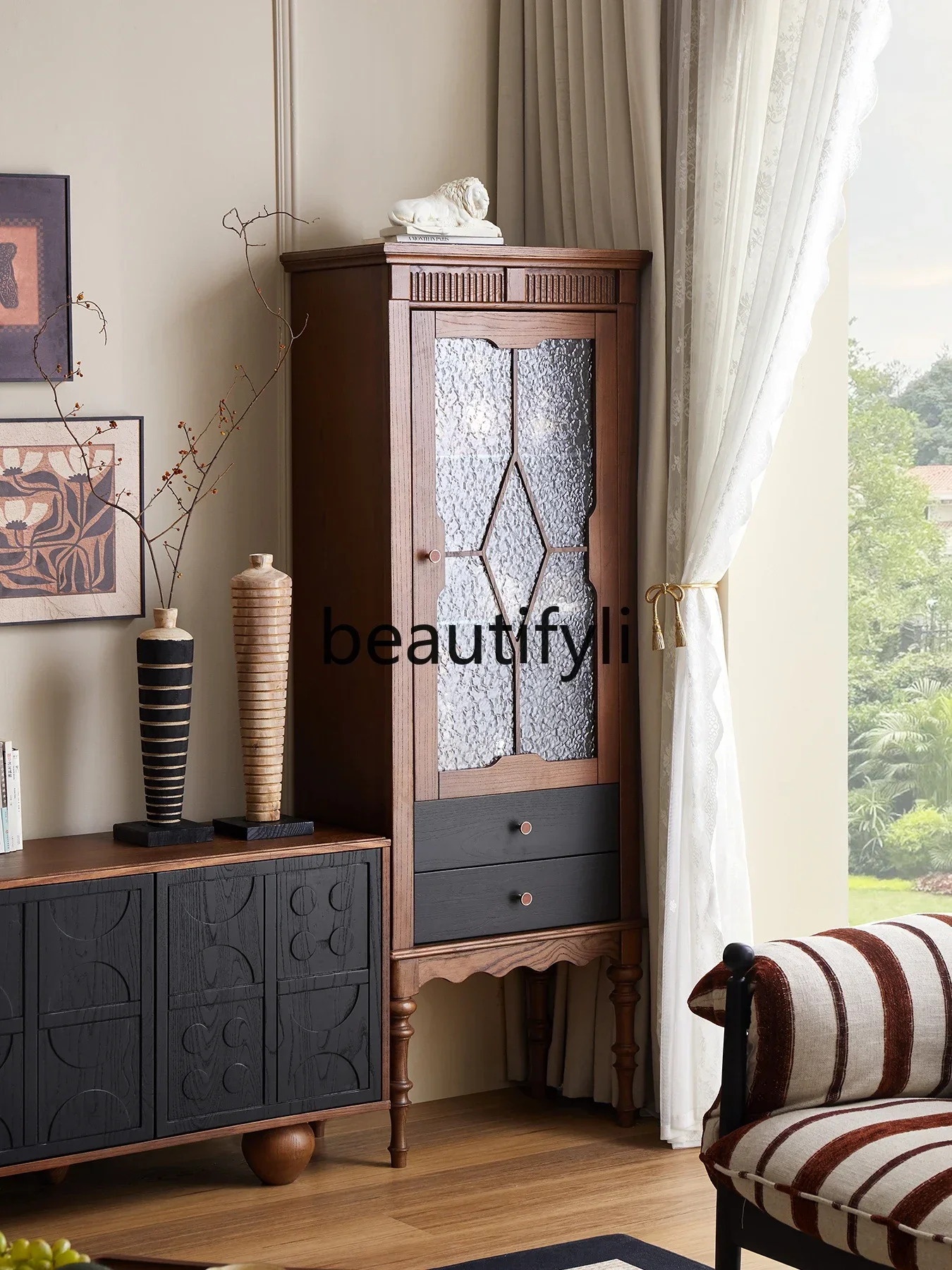 خزانة زاوية لغرفة المعيشة من الخشب الصلب الفرنسي xx1، خزانة عرض عتيقة متوسطة، خزانة تخزين زاوية #3