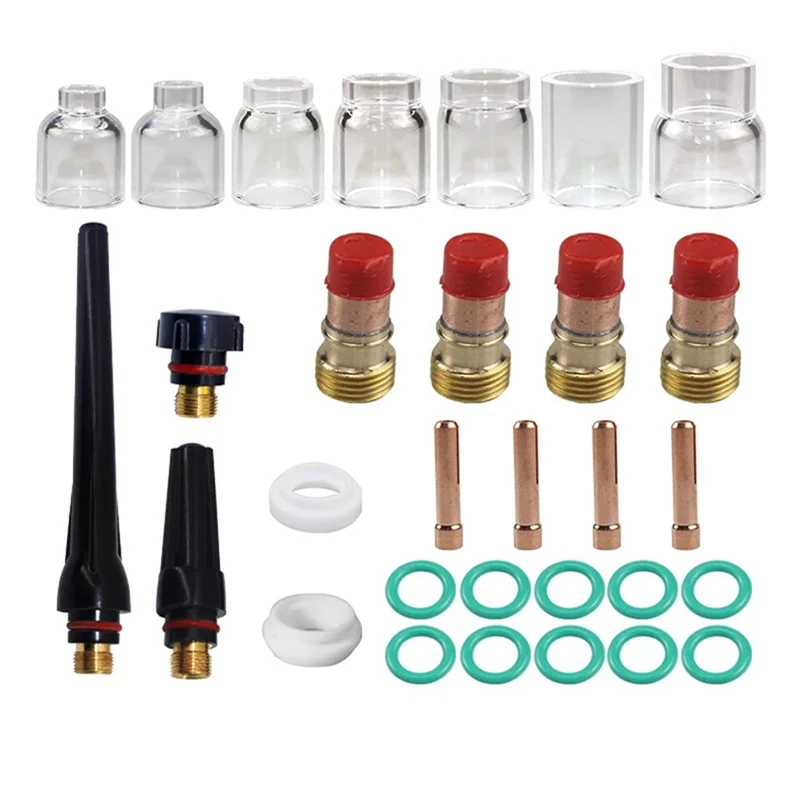 

30Pcs TIG Welding Torch Spare Parts Parts Stubby Gas Lens 4 -12 Glass Cup Kit For WP-17/18/26 Torch Welding& Soldering