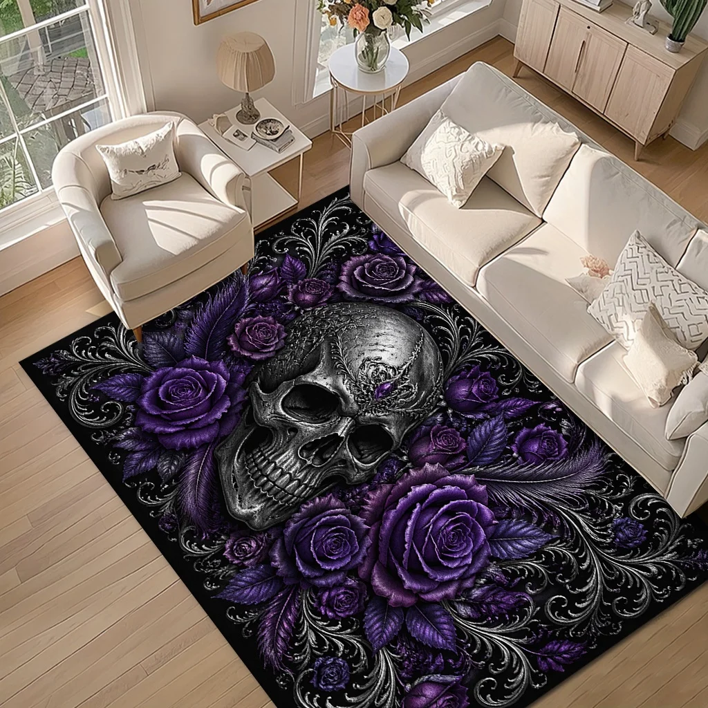 Gothic Skull Purple Rose Rectangle Area Rug Feather Floral Print Home Living Room Floor Carpet Halloween Decor Mat
