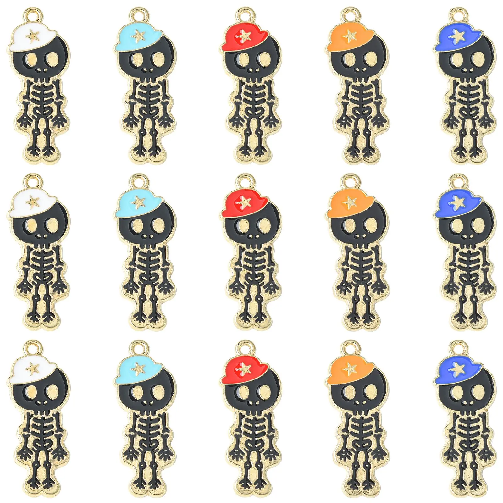 Pandahall 25Pcs 5 Colors Enamel Halloween Skeleton Charms Cute Skull Man Skeleton Charms for Halloween Jewelry Making Accessorie