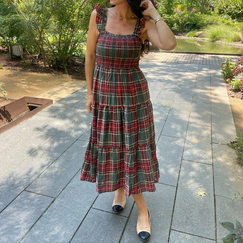 Combhasaki Donna Estate Senza Maniche Increspato Cinghie Larghe Smocked Collo Quadrato Backless A strati Flowy Swing Allentato A-line Abito Lungo