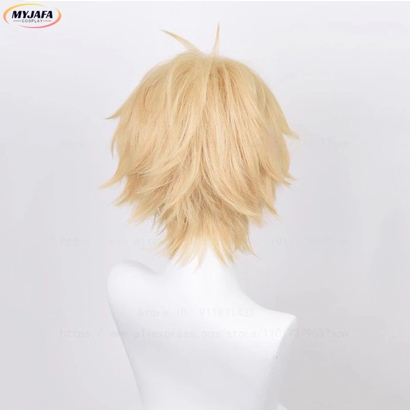 عالية الجودة Denji شعر مستعار تأثيري قصير أشقر مقاومة للحرارة الشعر الاصطناعية هالوين أنيمي تأثيري الباروكات + غطاء شعر مستعار #5